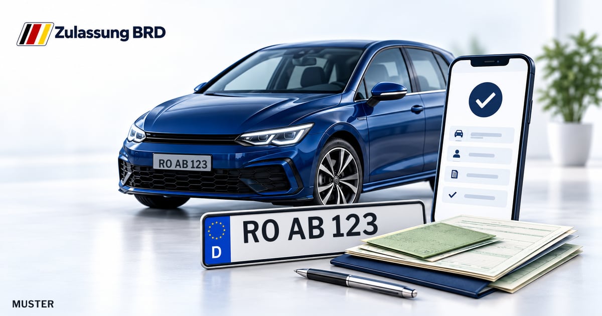 Online Fahrzeugzulassung in Bad Aibling: Musterkennzeichen RO AB 123, Auto und Fahrzeugpapiere und Smartphone. Illustration mit Logo von Zulassung BRD.